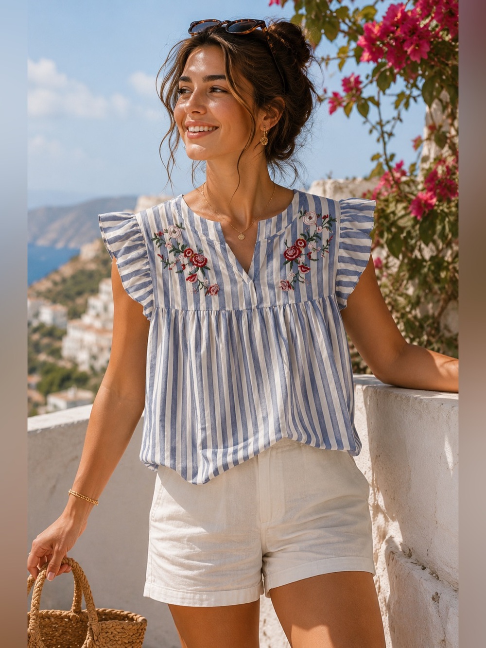 SHEIN Striped Blouse with Red Floral Embroidery